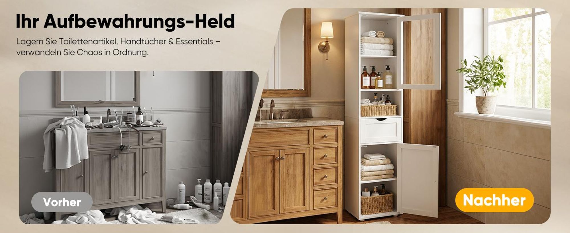 HOKEEPER Hochschrank Badezimmer Weiß – Badschrank Schmal mit 2 Türen & Offenen Fächern – Freistehendes Badezimmerregal & Küchenschrank