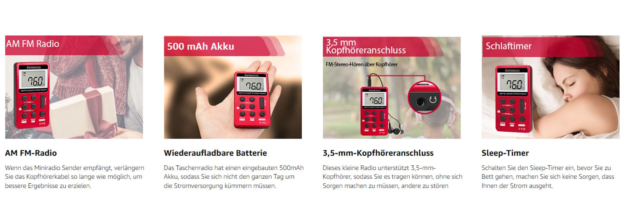 Retekess V112 Mini Radio Klein, AM FM Taschenradio mit Kopfhörer, 500mAh Akku, Sleeptimer, zum Laufen, Outdoor für Senioren (Rot)