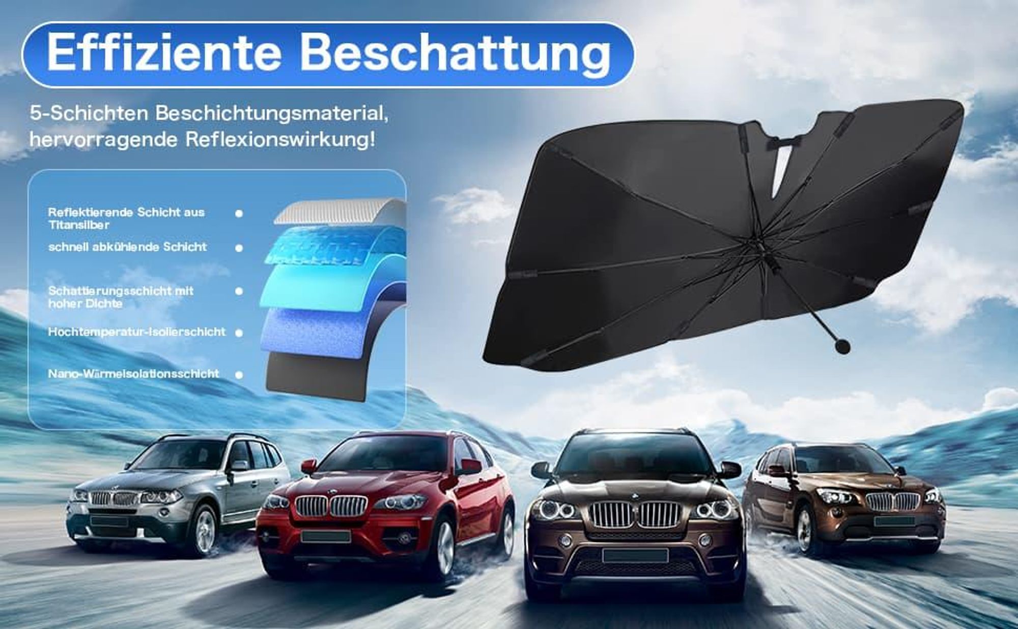 Auto Sonnenschutz Frontscheibe, 360°Drehbar, Sonnenschutz mit UV-Schutz, Sonnenschirm mit Verstellbarer Stange, für die meisten Autos SUVs, 140 x 80cm
