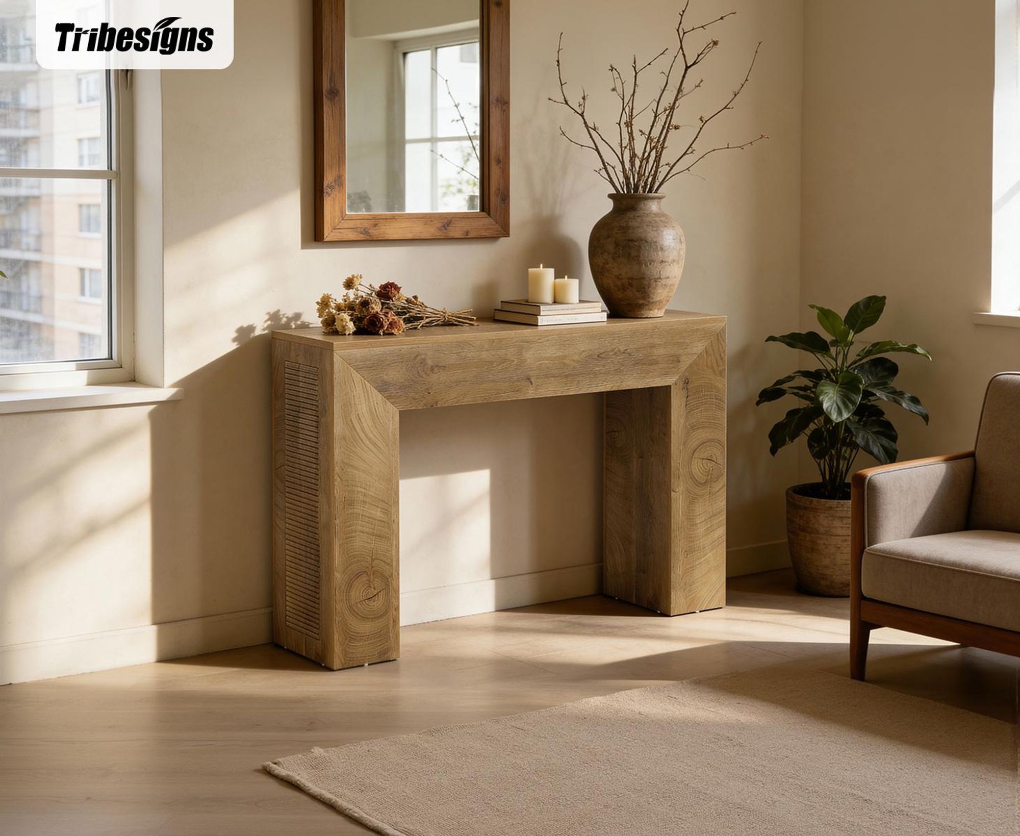 Tribesigns 110 cm Konsolentisch, Landhaus-Sofatisch Holz, moderner kleiner Akzent-Konsolentisch, geriffeltem Design Flur Eingangsbereich, Braun