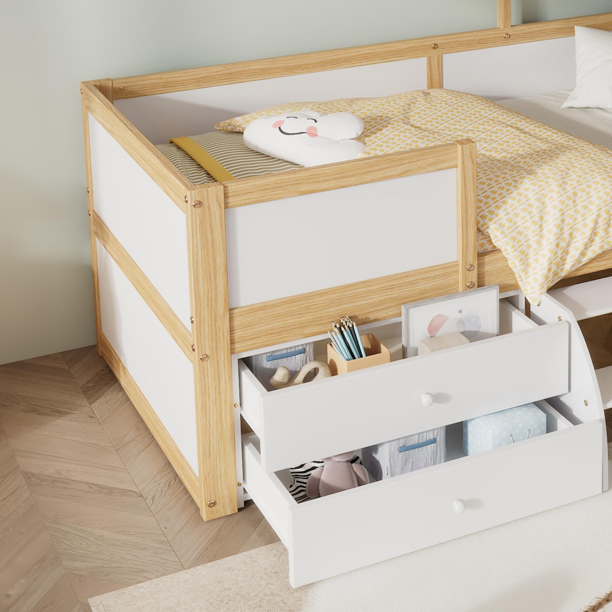 Merax Kinderbett 90x200cm mit Leiter und 4 Schubladen, Hochbett mit Rausfallschutz, Dach und Fenster, Kieferholzbett Jugendbett Kinderhaus Weiß/Natur