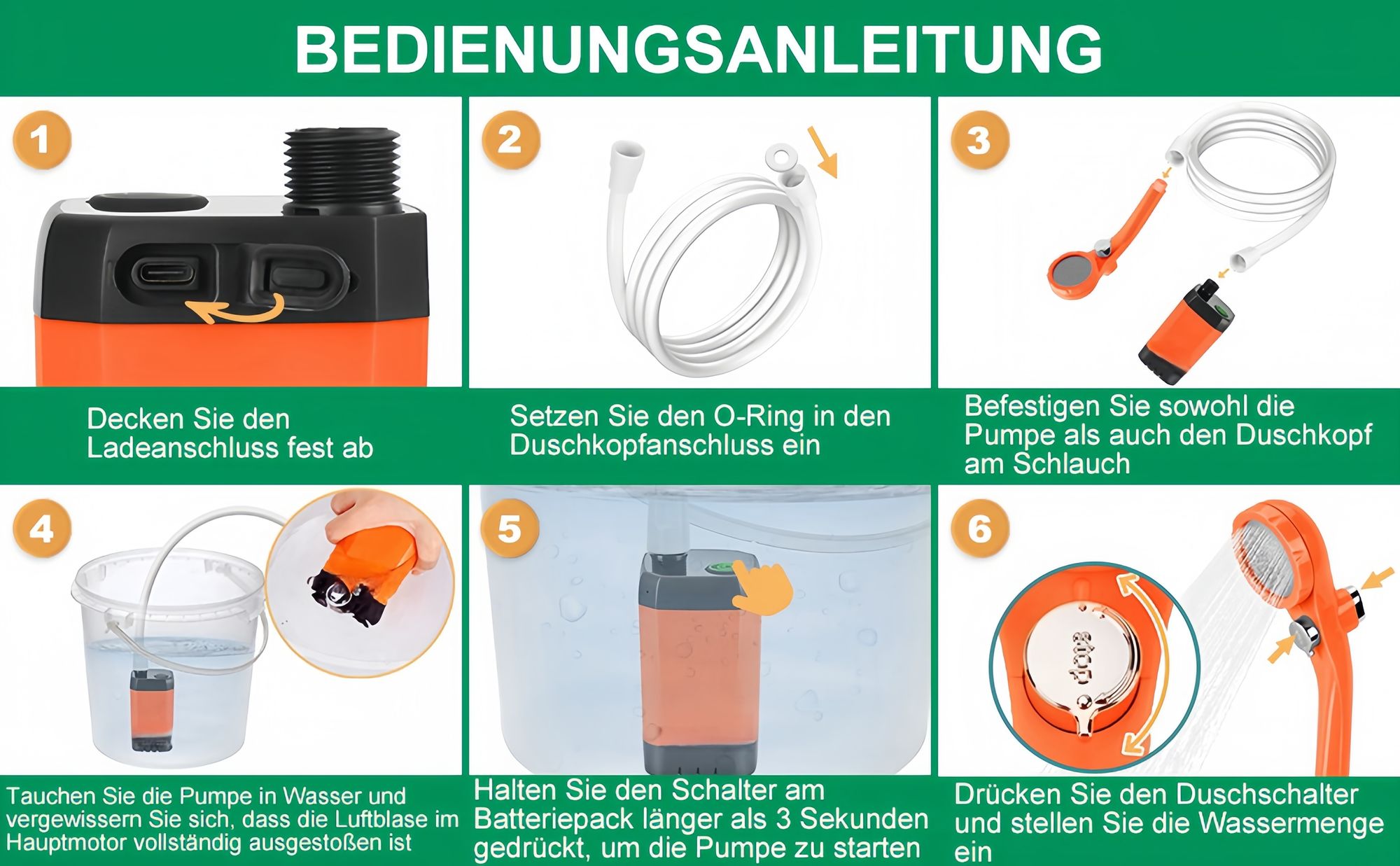Tragbare Campingdusche Akku mit Pumpe, Camping Dusche Outdoor , Mobile Duschen Außenduschen mit Duschkopf und Schlauch, für Camping Garten Autowaschen