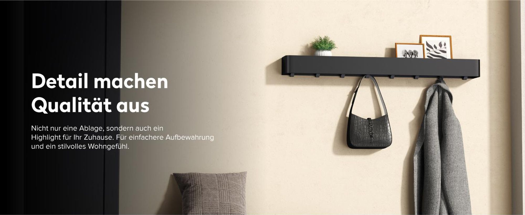 doporro Wandgarderobe mit Ablage, Garderobenleiste 80 cm mit 8 Garderobenhaken, Kleiderhaken Wand ohne Bohren (Kleben) Sandschwarz, Reglo-05