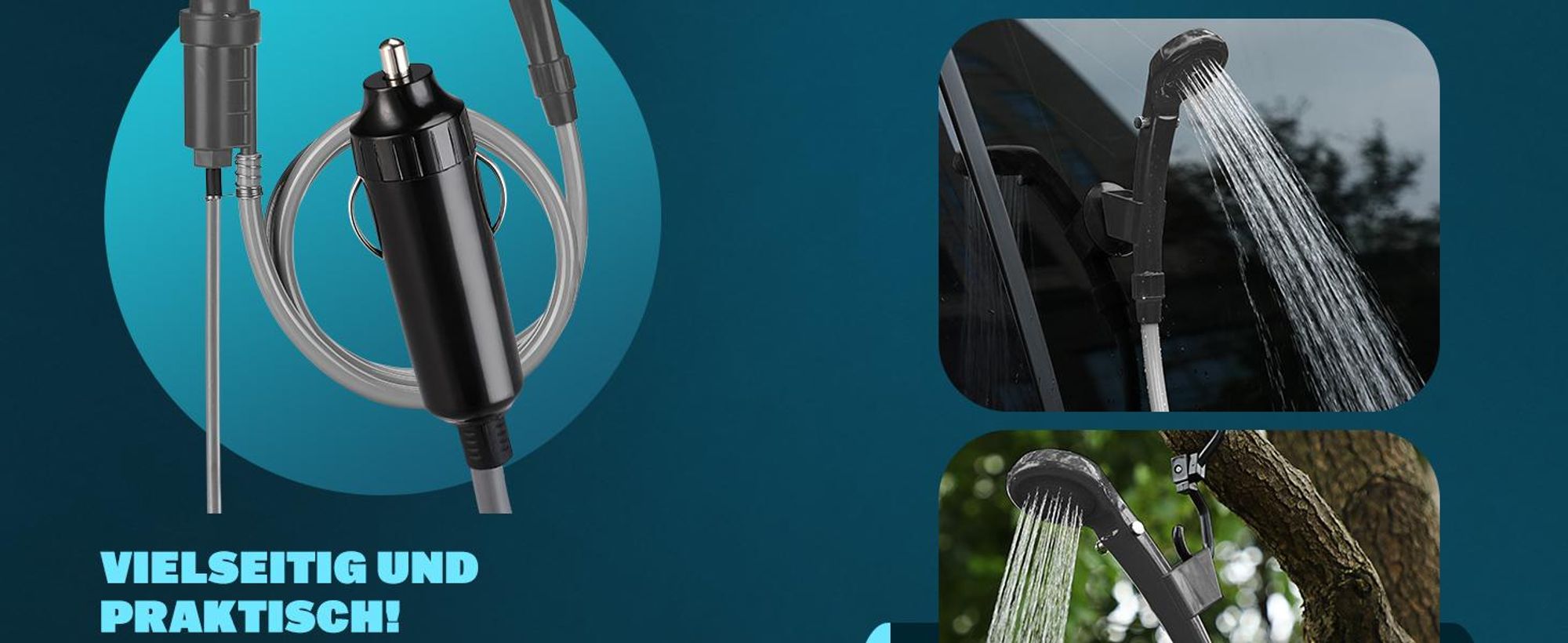 MONZANA® Campingdusche 12V KFZ-Adapter Aufbewahrungstasche 2m Schlauch 5m Stromkabel Handbrause Hundedusche Gartendusche Dusche Tauchpumpe anthrazit