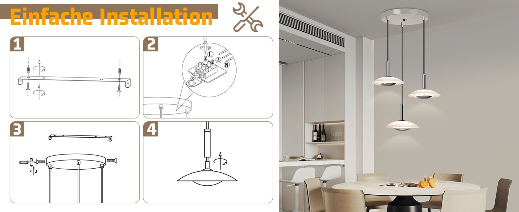 ZMH Pendelleuchte Esstisch LED Hängelampe 3 Flammig  Chrom Glas Metall Rund Pendellampe Esszimmer Modern Hängeleuchte 3000K Warmweiß
