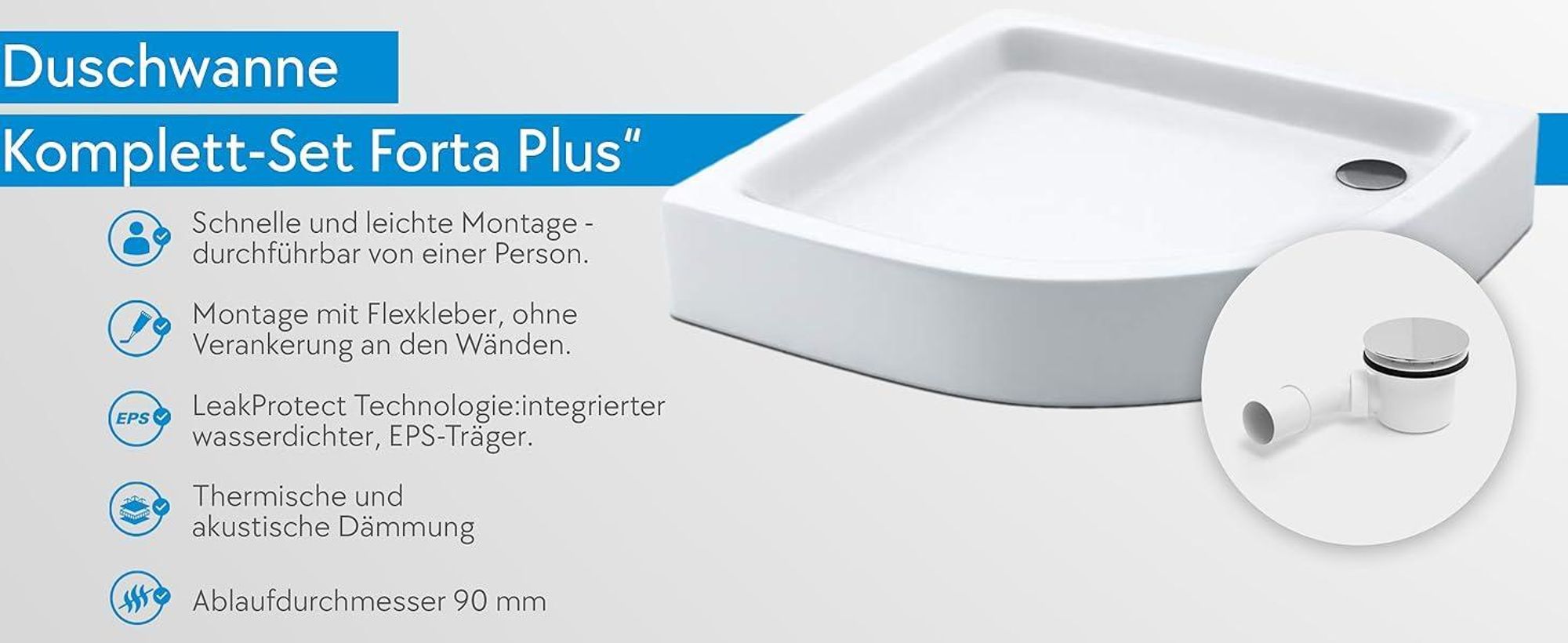 AQUABAD Duschwanne/Duschtasse | Komplettset Forta Plus mit LeakProtect Technologie Smooth White 90x90cm Viertelkreis R55 | inkl. Ablaufgarnitur/Siphon Alcadran A49CR