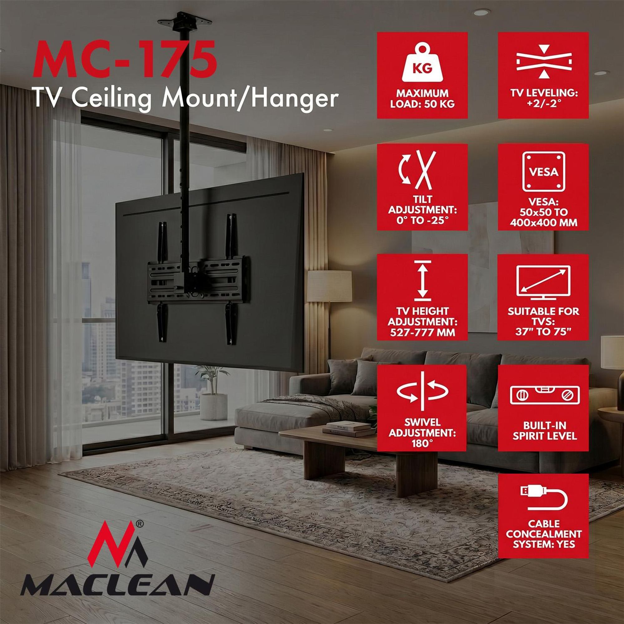 Deckenhalterung für Fernseher von Maclean max. Tragkraft 50 kg 37–75" max. VESA 400 × 400 MC-175