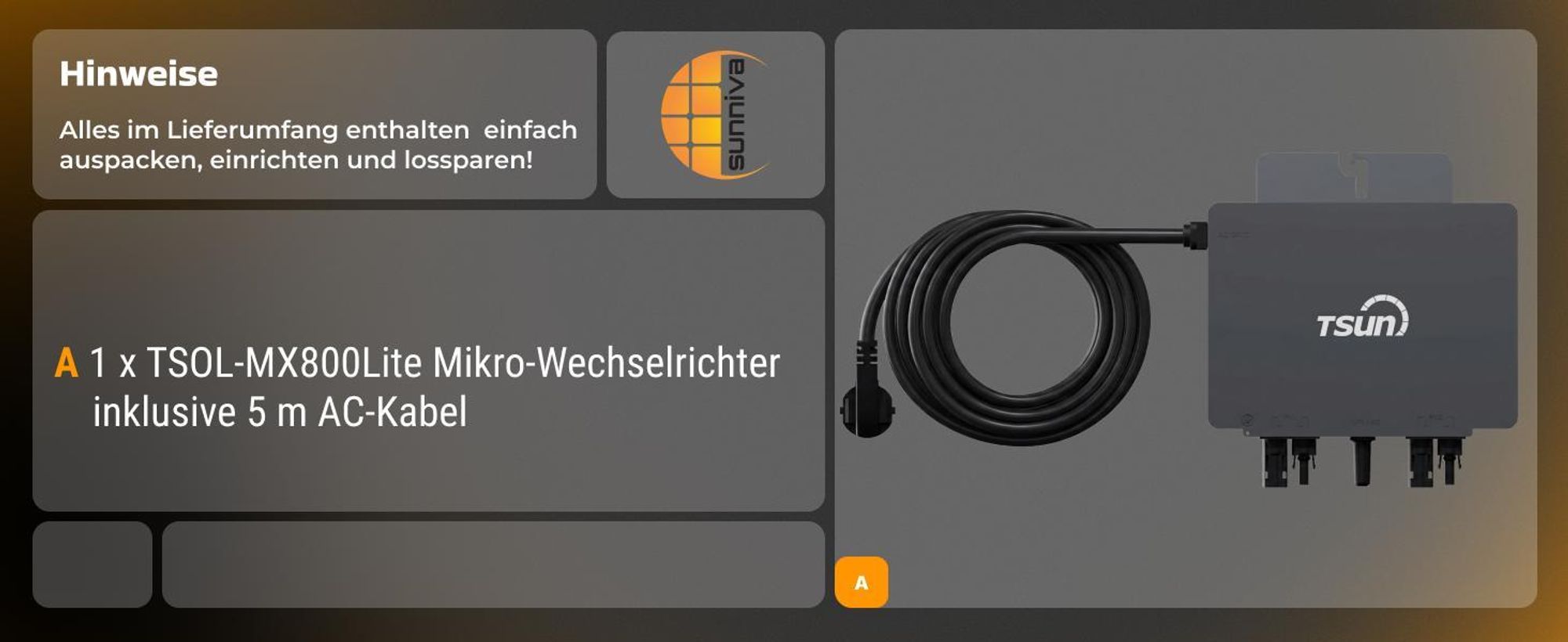 TSUN TSOL-MX800Lite 800 W Mikro-Wechselrichter, 2 MPPT, WiFi & Bluetooth, IP67, Micro Inverter für 2 Solarmodule inklusive 5m Anschlusskabel