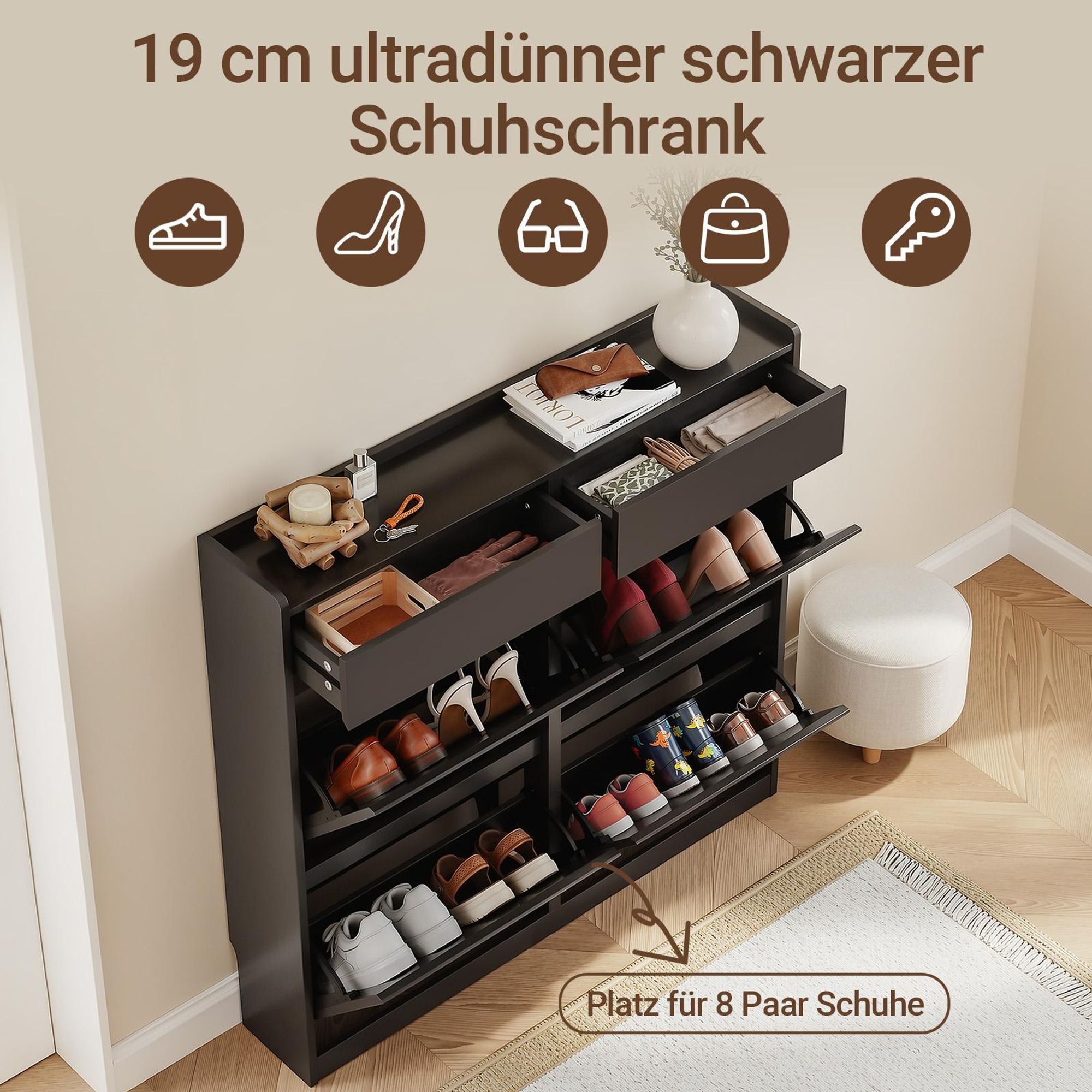 SoBuy Schuhschrank mit Klapptüren und Schubladen, moderner Schuhschrank für Diele, schwarz Rechteckiger Korpus FSR169-SCH