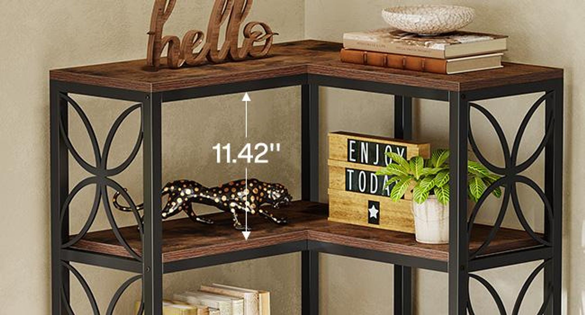 Tribesigns Bücherregal, 7-stöckiges hohes Eckbücherregal aus Holz mit Metallrahmen, freistehendes Eckregal Wohnzimmer, Küche, rustikales Braun Schwarz