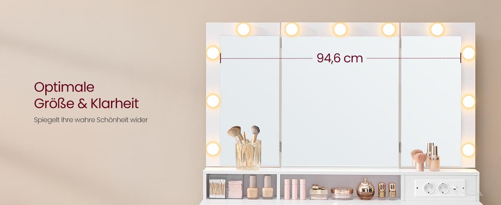VASAGLE Schminktisch mit LED-Beleuchtung, Frisiertisch mit Klappspiegel, Schubladen, Steckdosen, einstellbare Lichtfarben, weiß