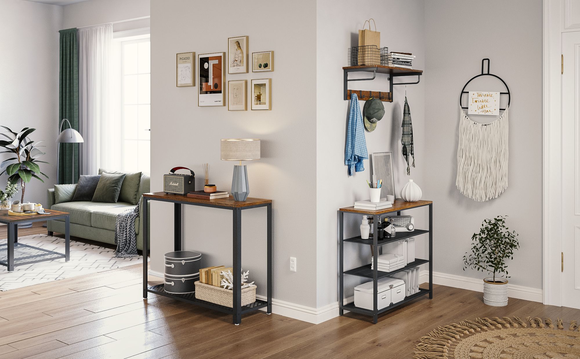 Mondeer Wandregal mit 5 Haken Wandgarderobe Flurgarderobe Kleiderhaken Hängeregal Braun