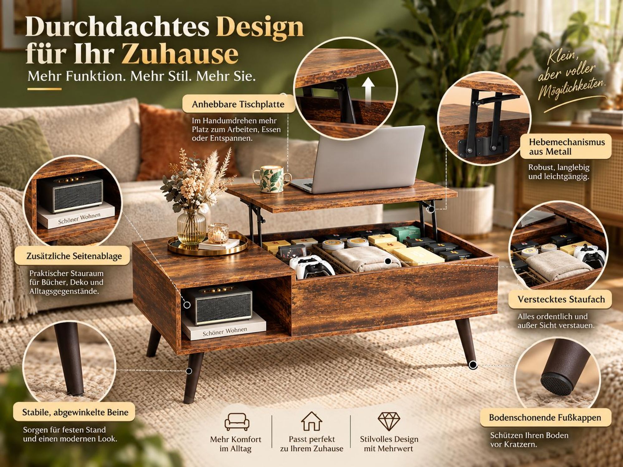 Couchtisch höhenverstellbar mit Stauraum, Lift-Top Wohnzimmertisch 100×50×41-57cm, Holzoptik & Metallrahmen, für Wohnzimmer