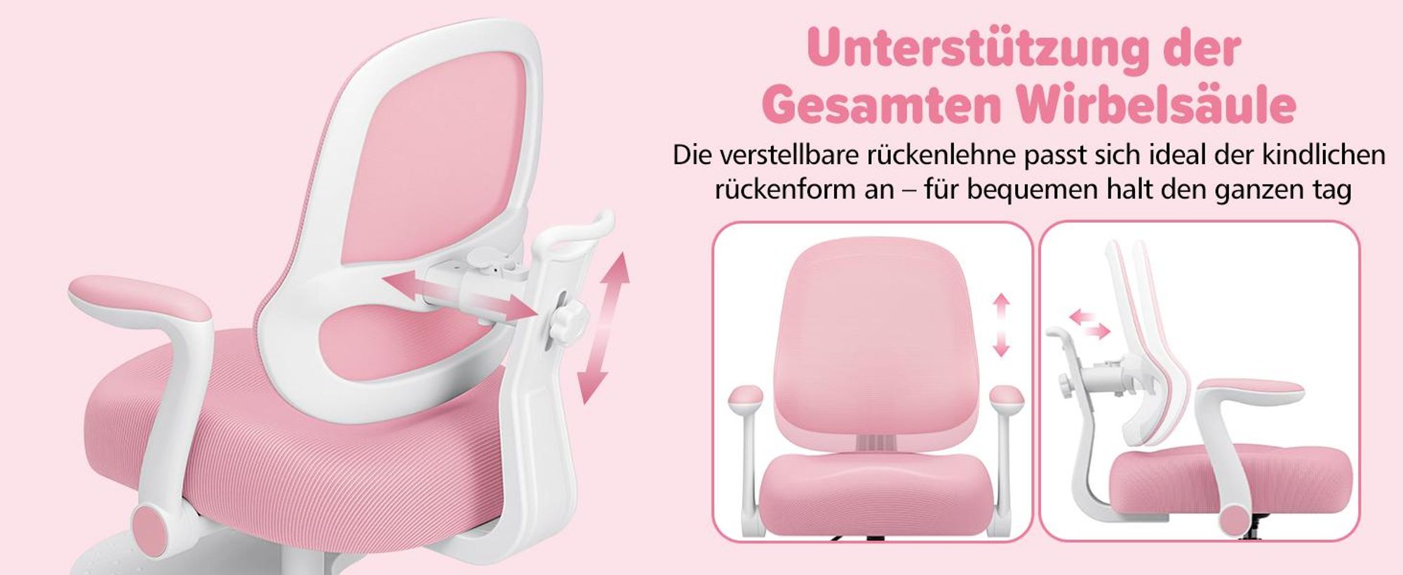 HOFFREE Ergonomischer Schreibtischstuhl für Kinder - mit verstellbarer Rückenlehne, sattelförmigem Sitzpolster, um 90° hochklappbaren Armlehnen, Pink