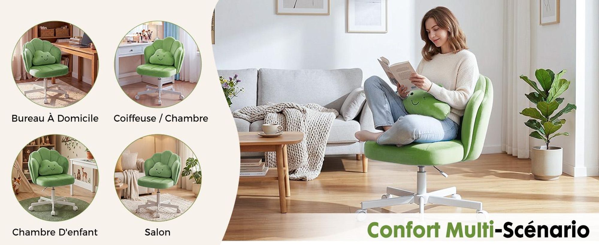 Chaise de bureau COMHOMA, chaise de maquillage, chaise de bureau à roulettes avec double dossier et coussin en forme de nuage, chaise pivotante réglable en hauteur, velours, vert