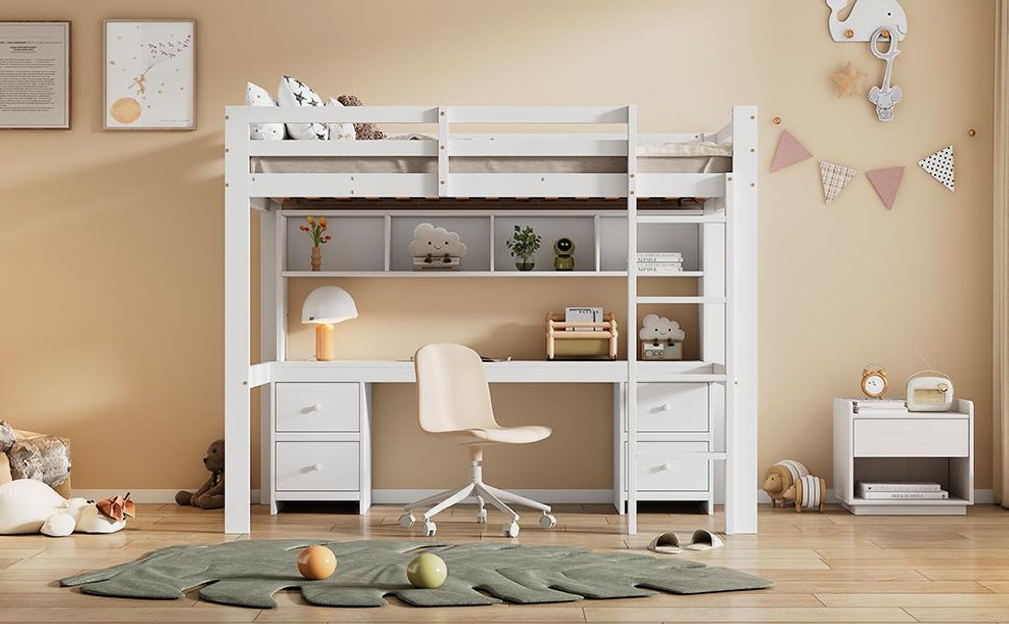 Merax Etagenbett 90x200cm, Hochbett mit Schreibtisch und Regalen, Kinderbett mit Lattenrost und 4 Schubladen, Massivholz Jugendbett Stockbett, Weiß