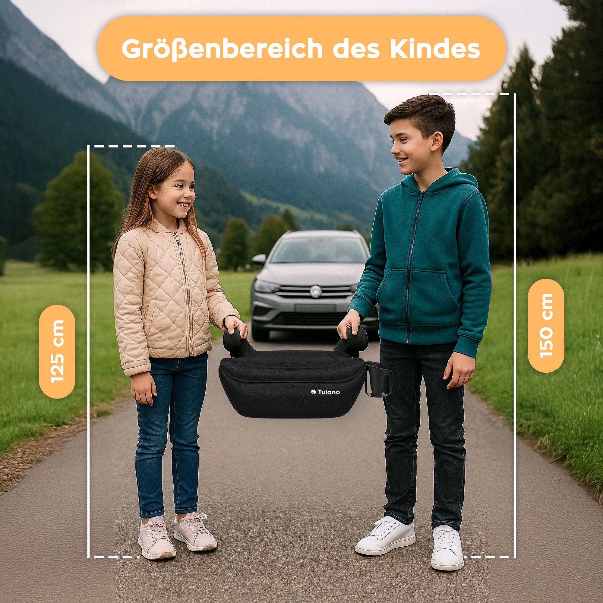 Tulano Cabby 20 Schwarz – i-Size Kindersitz R129, 125–150 cm, vorwärtsgerichtet, Autogurt, Getränkehalter, abnehmbarer Bezug