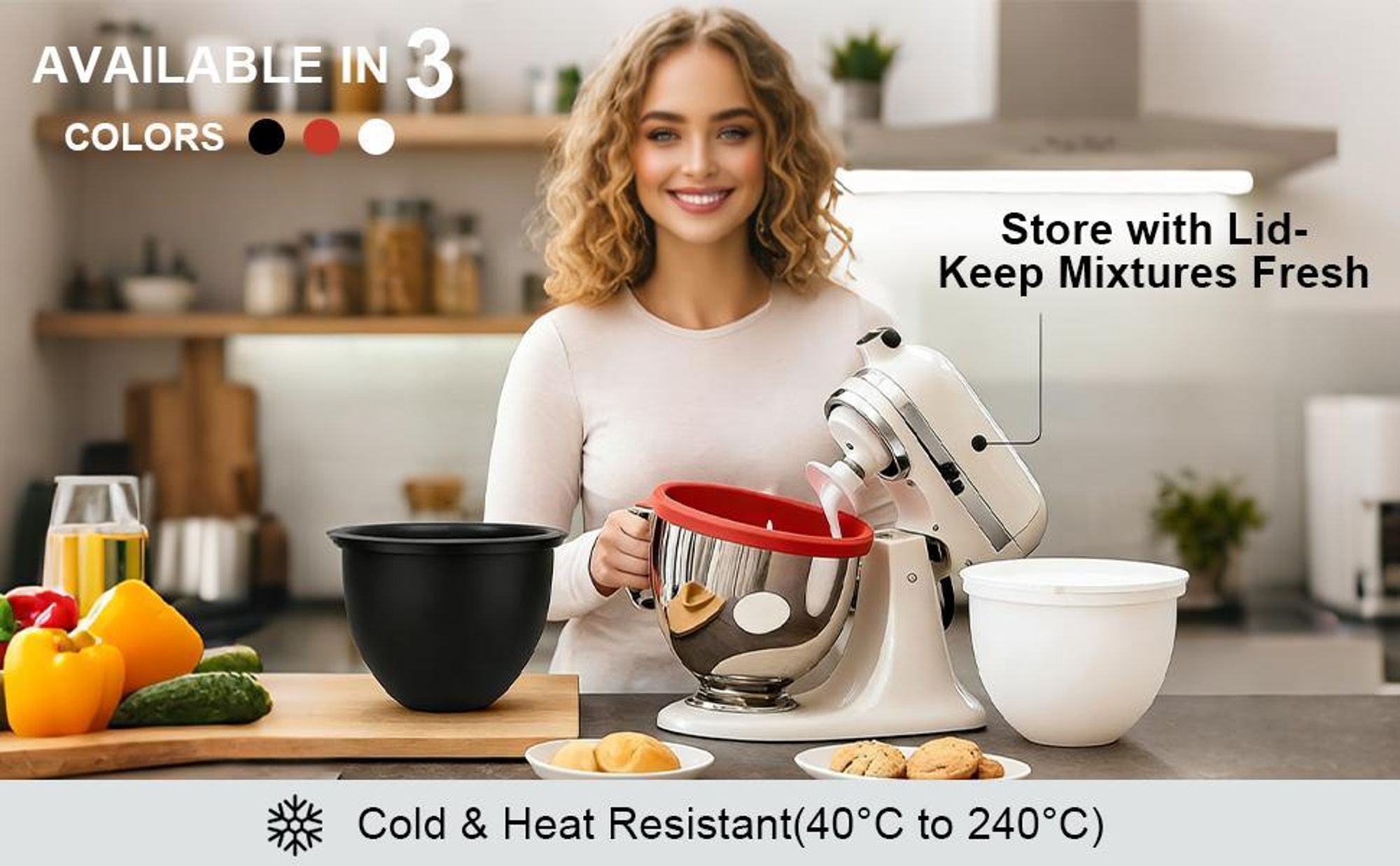 3x Silikoneinsatz für Kitchenaid, Silikonschüssel Zubehör für 4,5 Quart Küchenmaschine, Rührschüssel-Einsatz mit Deckel, Rutschfestes,Hitzebeständiges