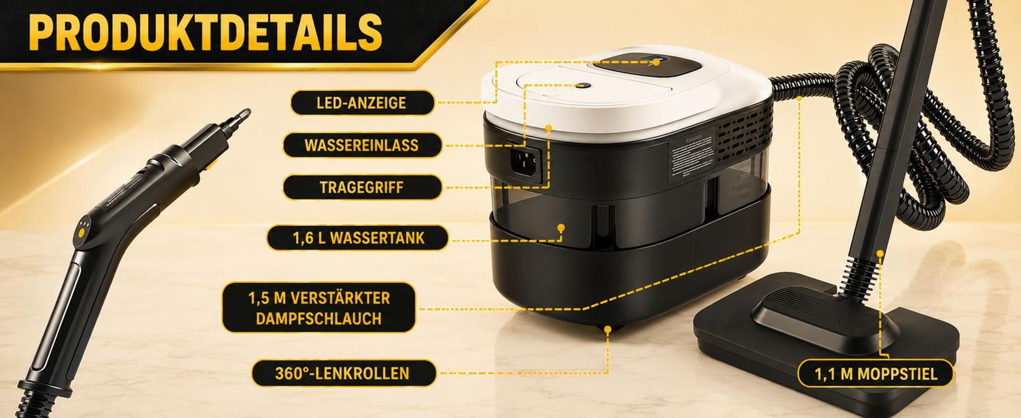 2500W Tragbarer Dampfreiniger, 1,6L Wassertank, 3 Dampfstufen am Griff, 15s Aufheizen, Mehrzweck-Dampfreiniger mit 19 Zubehörteilen für Böden und Sofa