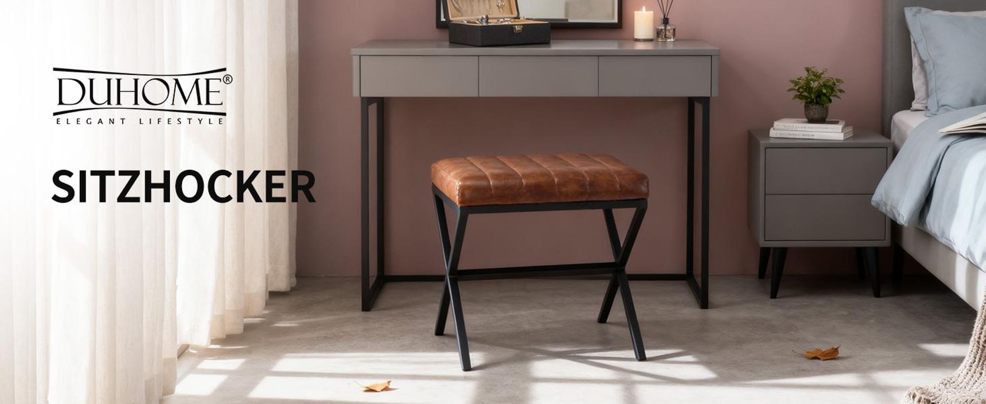 Duhome Sitzhocker KunstlederPolsterhocker Fußhocker Gepolstert Moderner Hocker mit Metallgestell für Flur Wohnzimmer Schlafzimmer, Braun