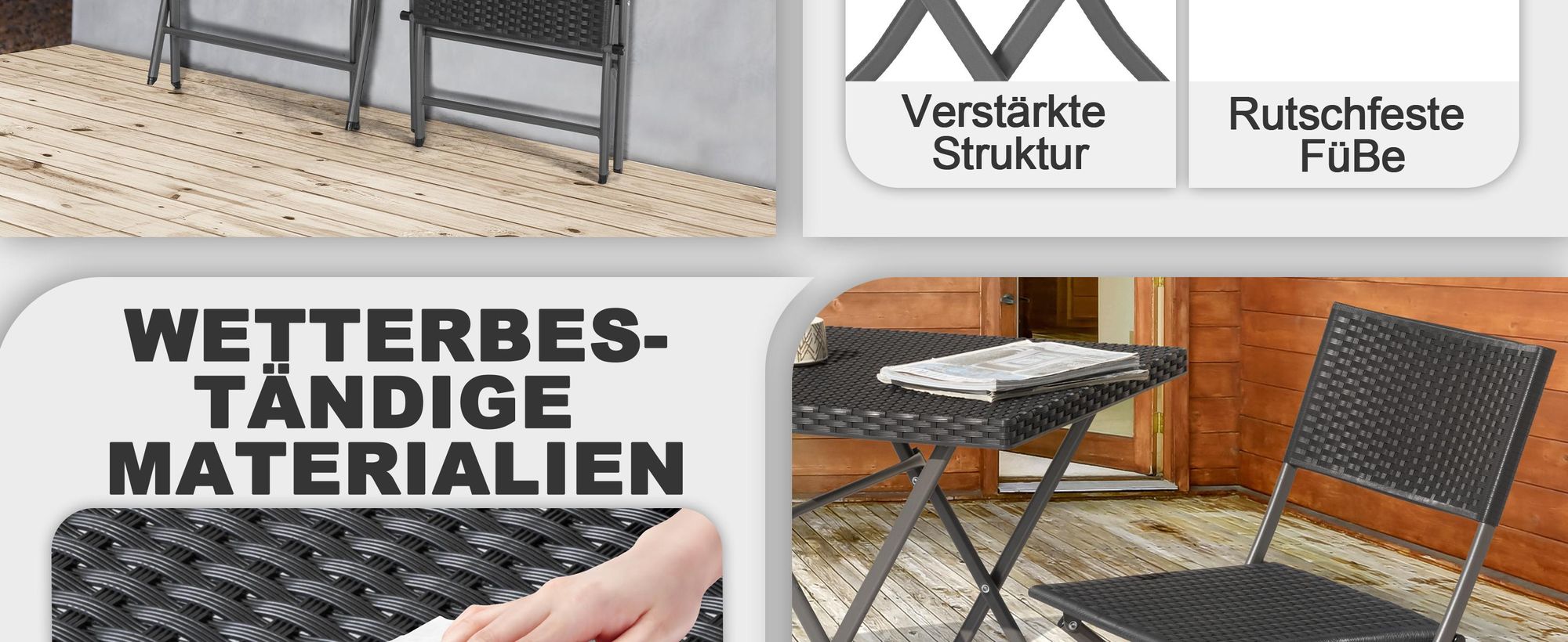 Avestar Bistroset für 2 Personen, klappbares Gartenmöbelset, wetterfestes PP-Rattan, Klapptisch mit 2 Klappstühlen, Schwarz