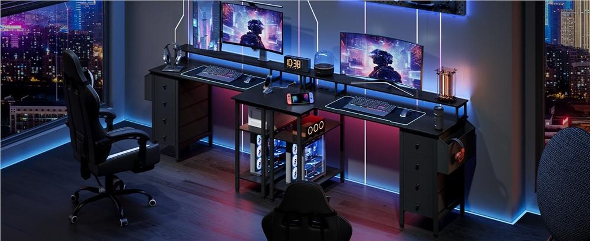 Yaheetech L-förmiger Computertisch, Schreibtisch mit Ladestation, umkehrbarer Gaming-Tisch, mit Monitorhalterung & Aufbewahrungstasche, Schwarz