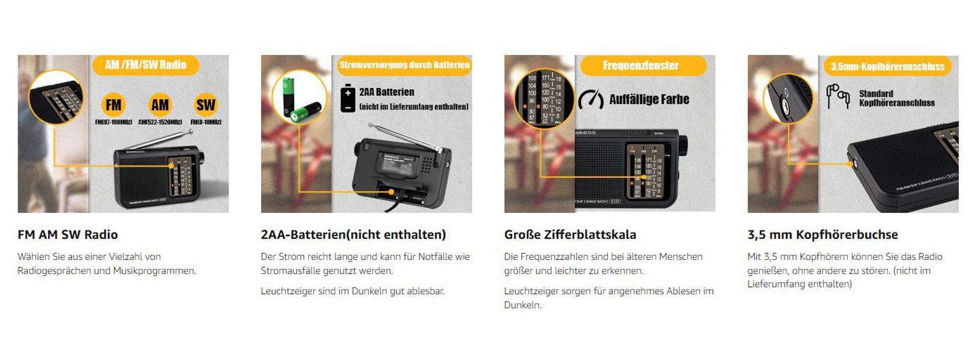 Retekess V117 Radio mit Batteriebetrieben, Klassisches Radio, FM AM SW Tragbares Radio, Großes Display-Zifferblatt, Geschenke für ältere Menschen