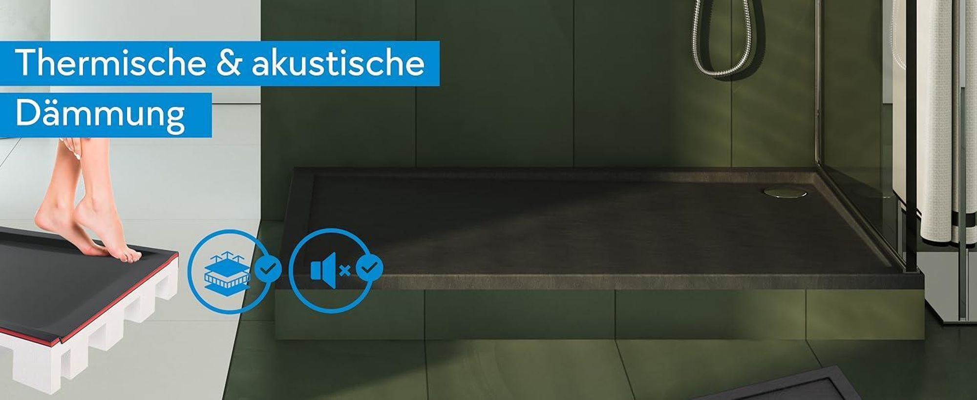 AQUABAD® Duschwanne Komplettset Basic Black Stone 90x120cm Rechteck inkl. Styroporträger und Ablaufgarnitur Alcadrain A49CR
