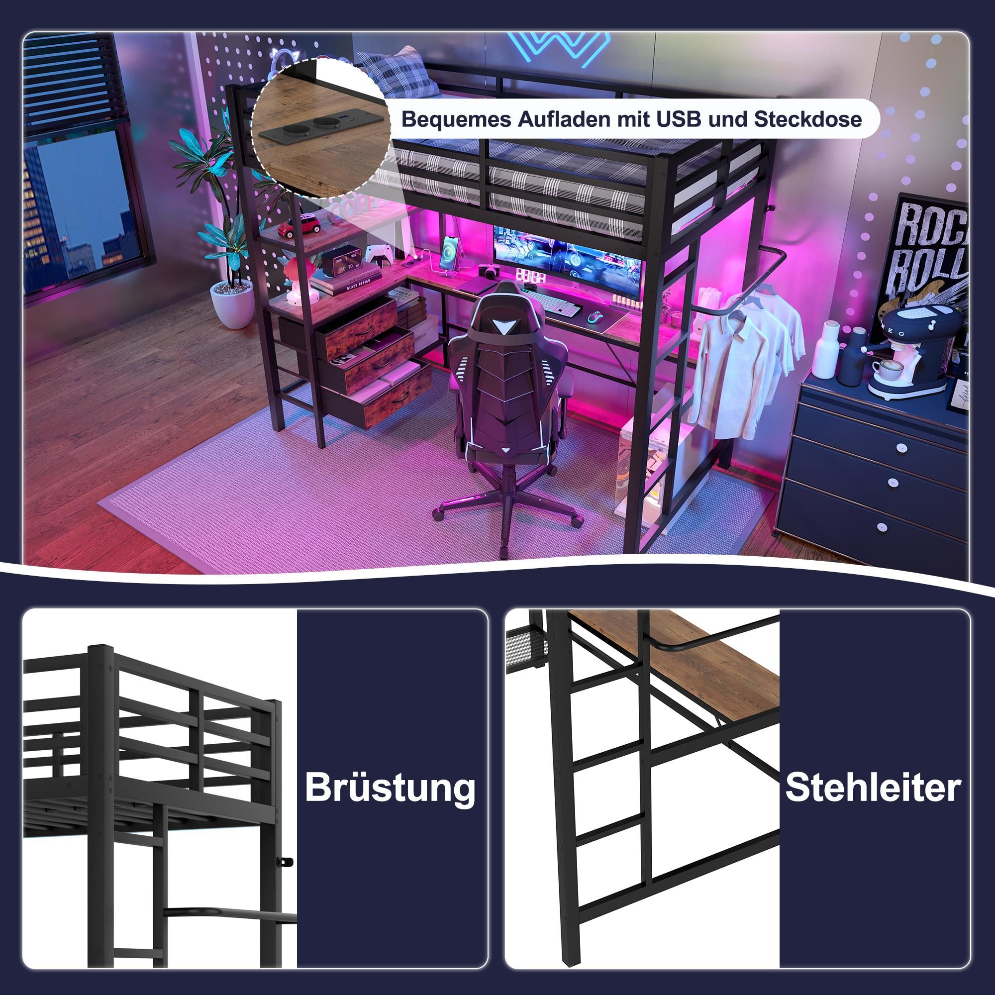 Merax łóżko piętrowe loft 90x200 cm, z LED, biurko z gniazdkiem i USB, 3 szuflady, półki, wieszak, łóżko piętrowe dla dzieci, czarny