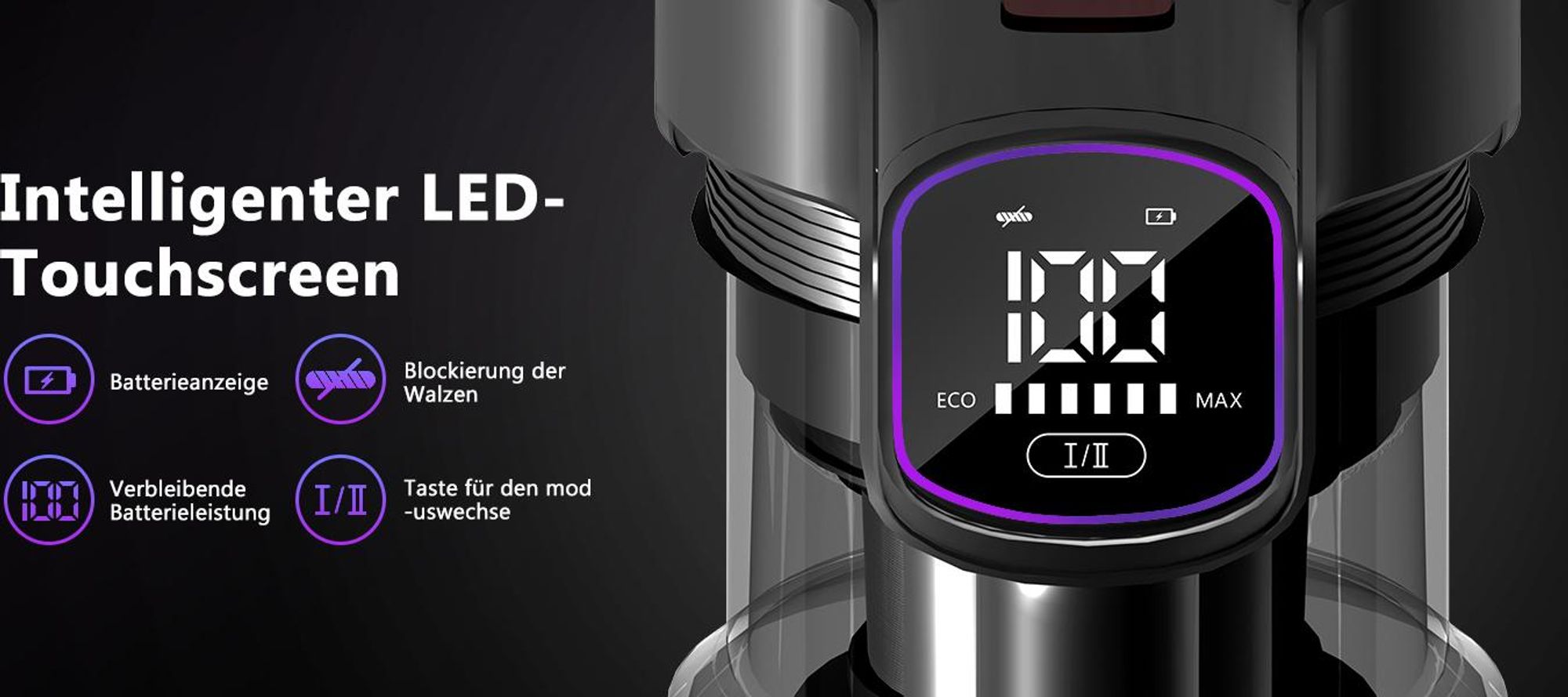 Aiibot Akku Staubsauger, 60000Pa/600W/55Min/1,8L Staubsauger Kabellos mit Display, Anti-Tangle-Bürste,Ultraleise,für Tierhaare/Teppiche/Hartböden/Auto