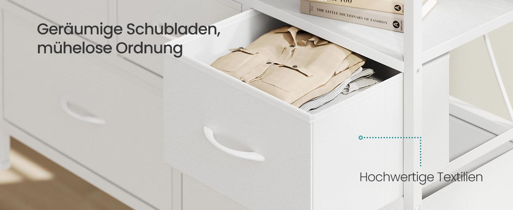 SONGMICS Kommode mit LED-Beleuchtung, Sideboard, Schubladenschrank für Wohnzimmer, mit Ladestation, 5 Schubladen, weiß
