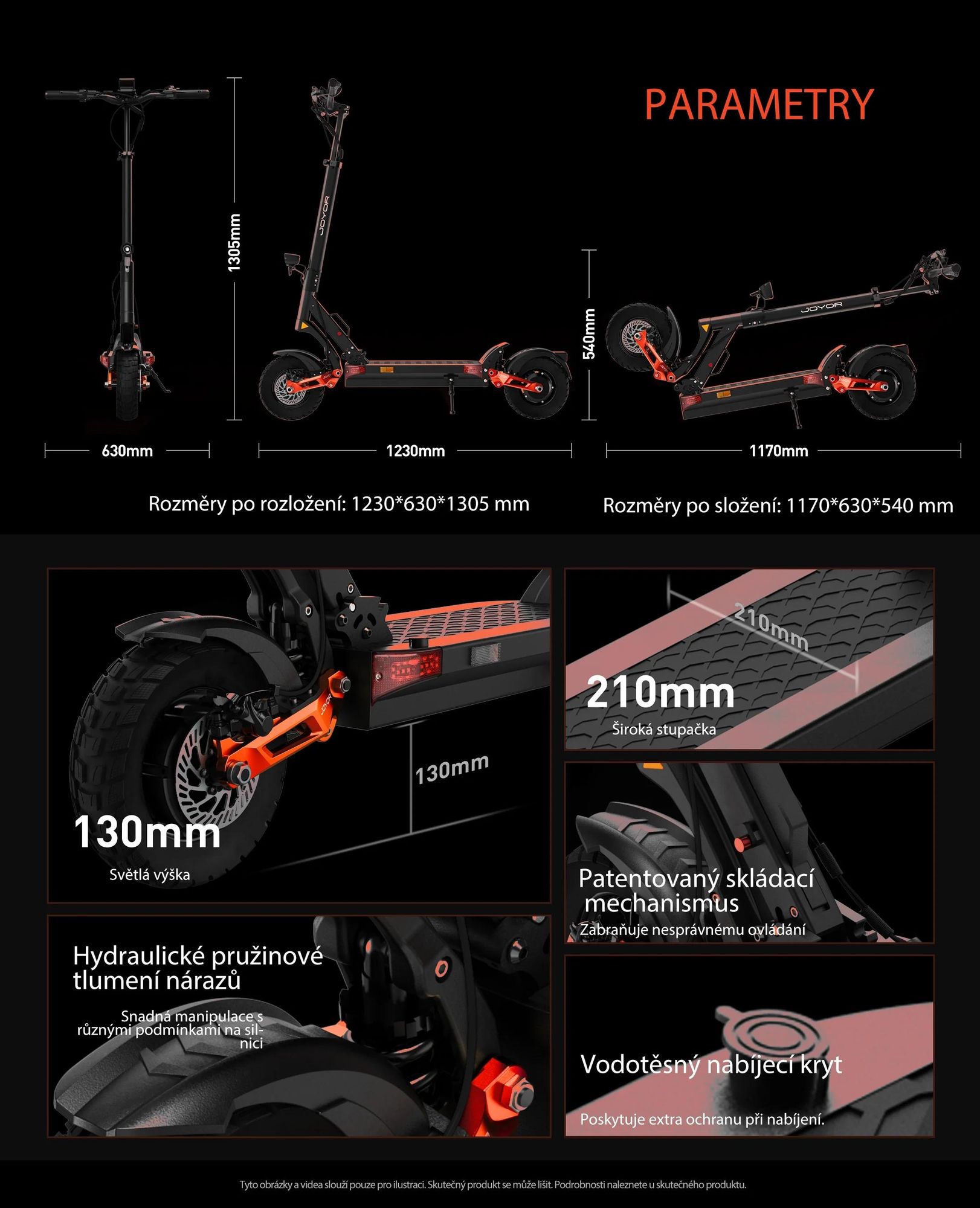 JOYOR T10 Skládací Elektrická koloběžka - 2×1000W Motor 60V18AH Baterie 10 Palcové Hydraulické Kotoučové Brzdy - Černá