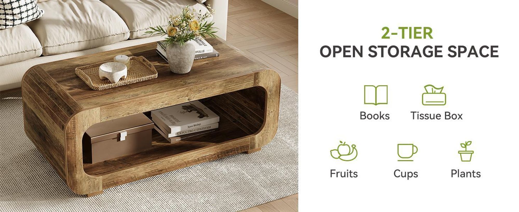 Tafel van 120 cm breed met open opbergruimte, rechthoekige bijzettafel, lage salontafel en theetafel, geschikt voor een thuiswerkplek en woonkamer, in rustieke bruin kleur