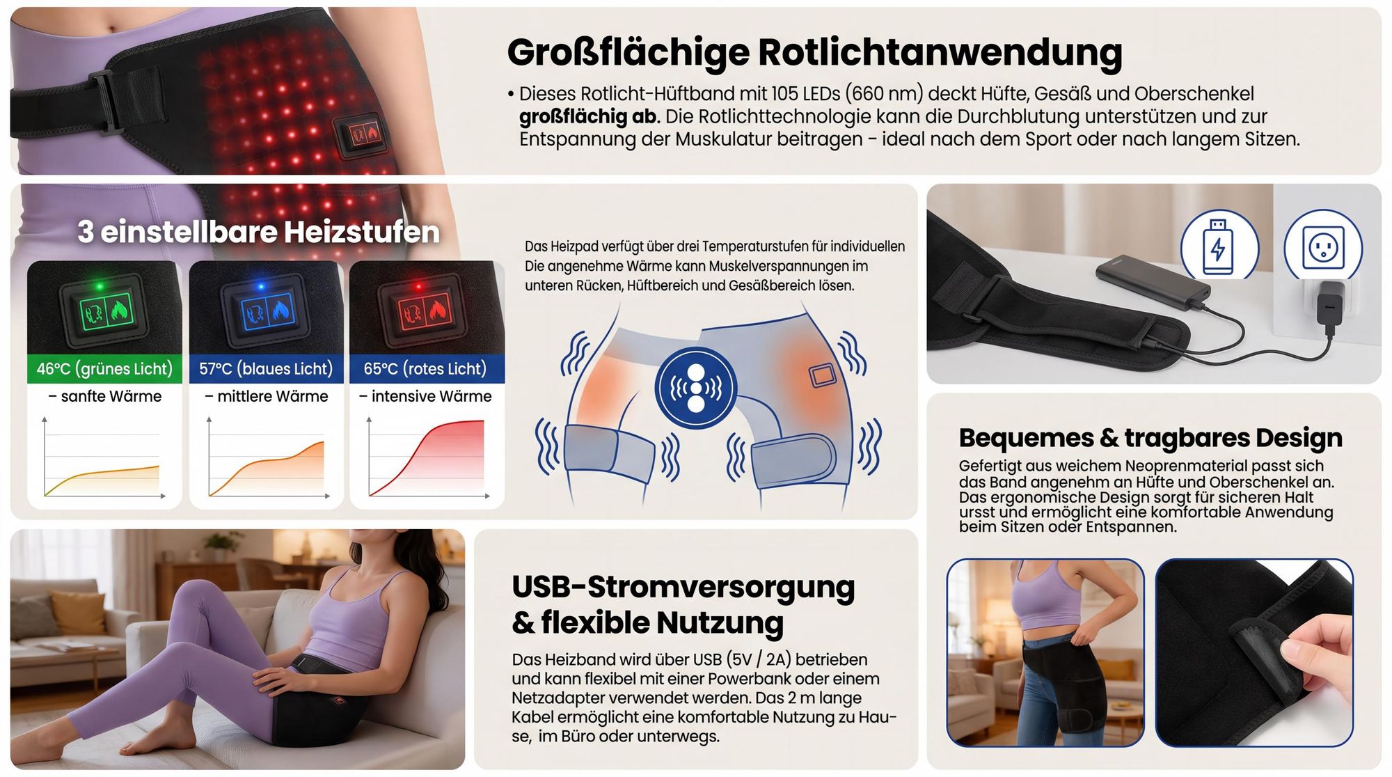 Rotlicht Therapie Hüftgürtel mit Wärme & Vibration, USB Heizgürtel für Hüfte, Oberschenkel & Rücken, 3 Heizstufen 46-65°C, gegen Ischias & Hüftschmerzen