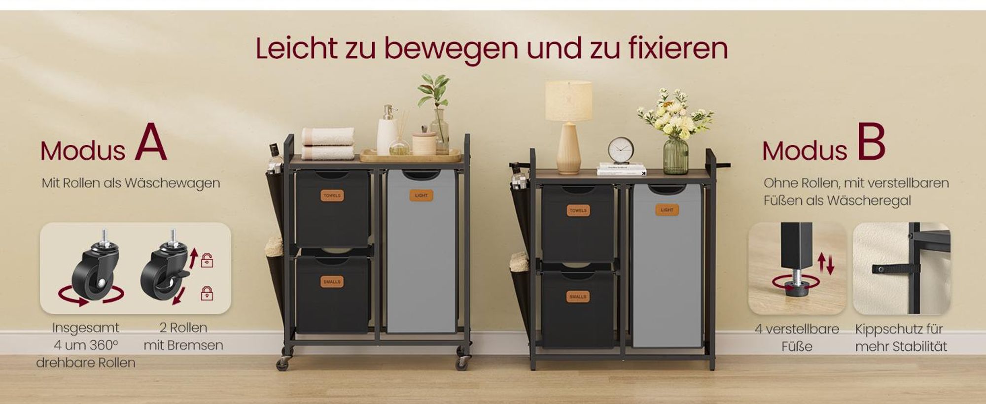 VASAGLE Wäschekorb 3 Fächer, Wäschesammler 100 L, Wäschewagen mit Ablage