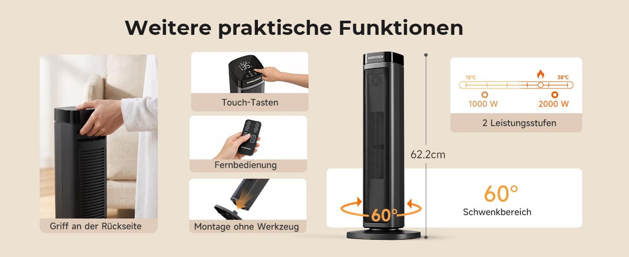 WOWDSGN Keramik-Heizlüfter leise 34dB, energiesparend, 2000W PTC Turm-Heizgebläse, Thermostat, ECO-Modus, Oszillation, Fernbedienung, Schwarz