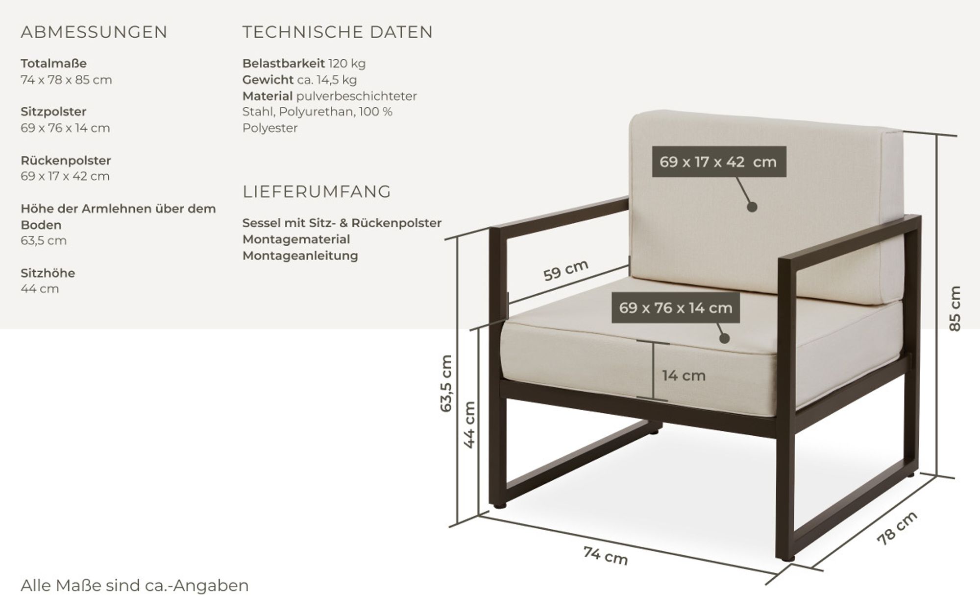 tectake® Garten-Loungesessel Comosa, XXL-Polsterung
