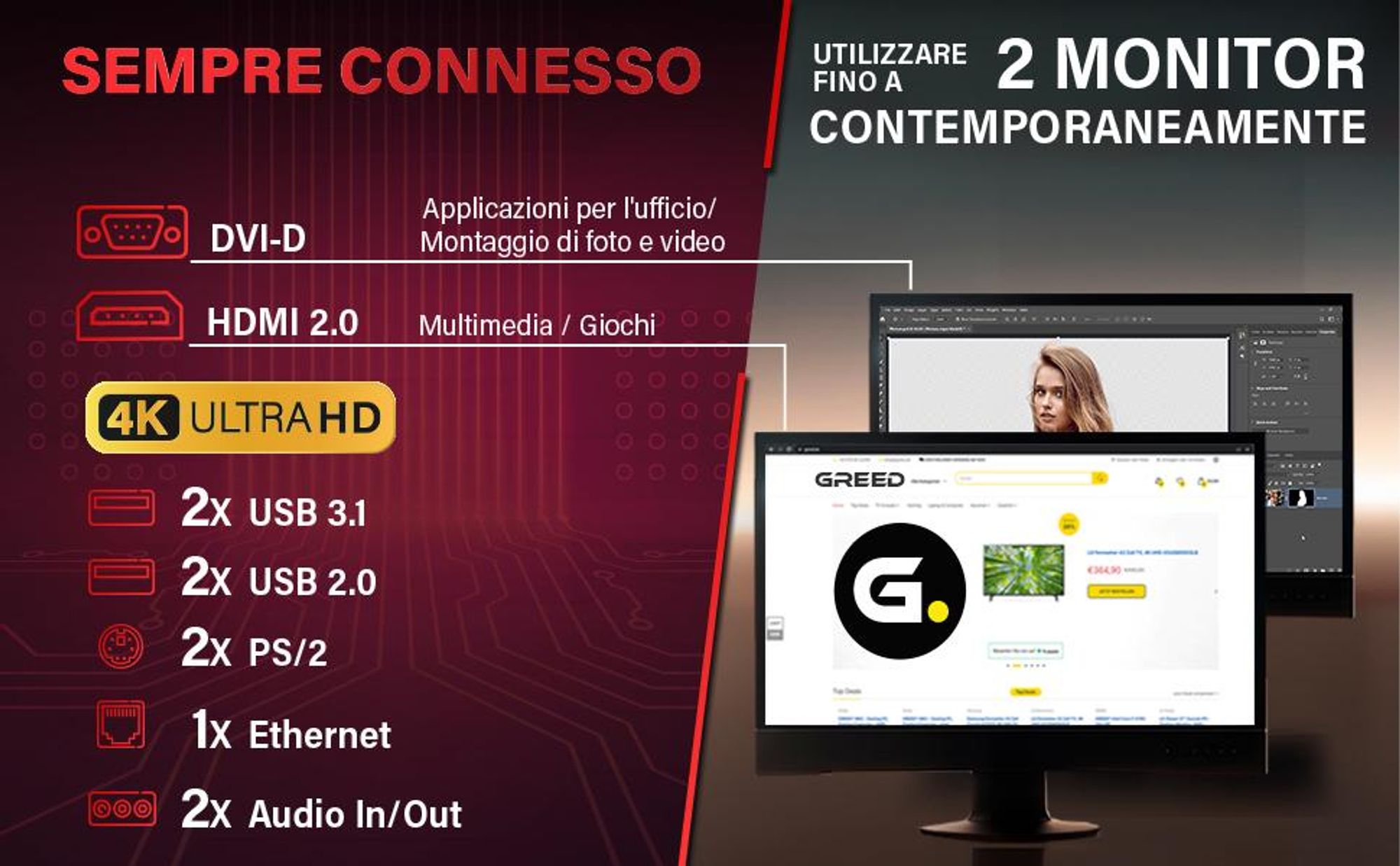 Greed® Ultra V2 PC - AMD Ryzen 7 5700G - Computer fisso per ufficio - 4,6 GHz - 16 GB RAM DDR4 - 1TB SSD + 1TB HDD - Desktop Tower - WLAN - Win11 Pro