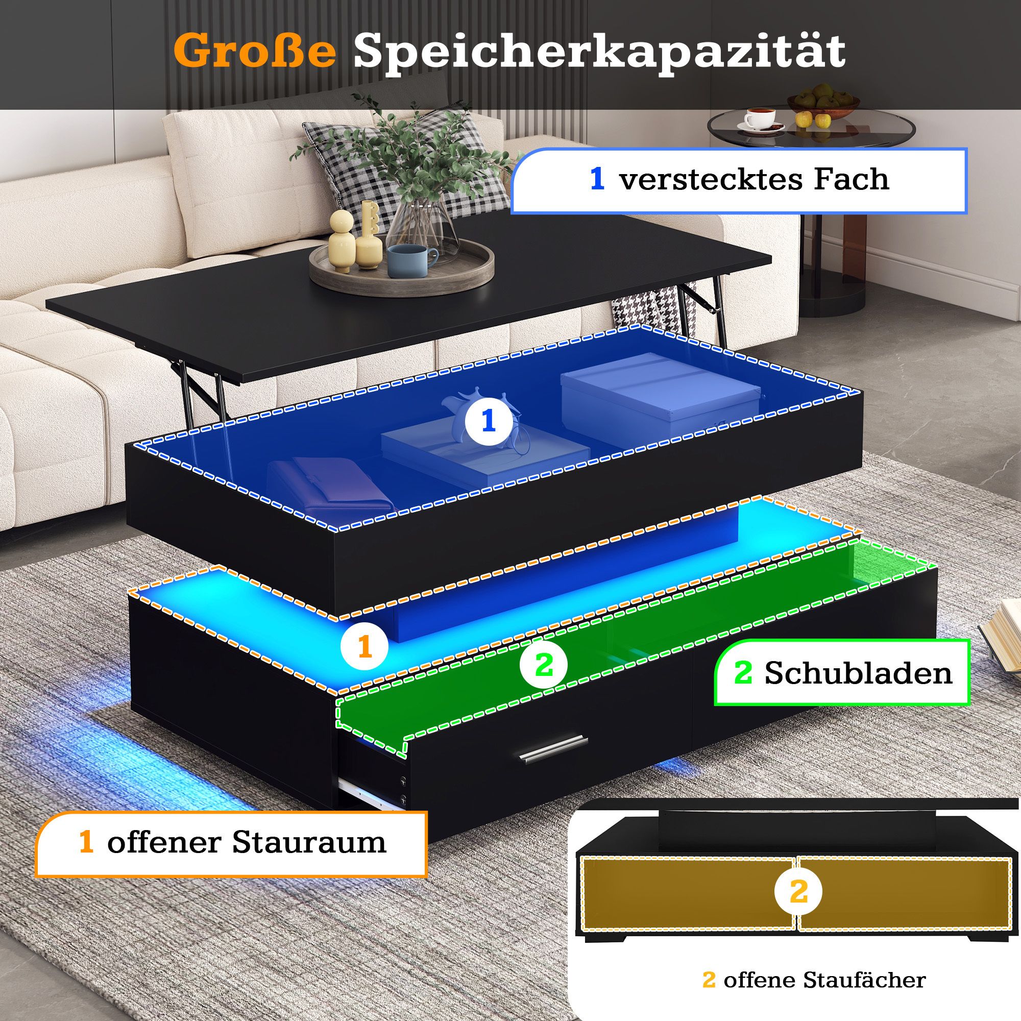 Merax Couchtisch mit LED und Schubladen, Kaffeetisch mit APP Steurung, Beistelltisch mit ausziehbarer Tischplatte, Wohnzimmertisch 100x50x44cm Schwarz