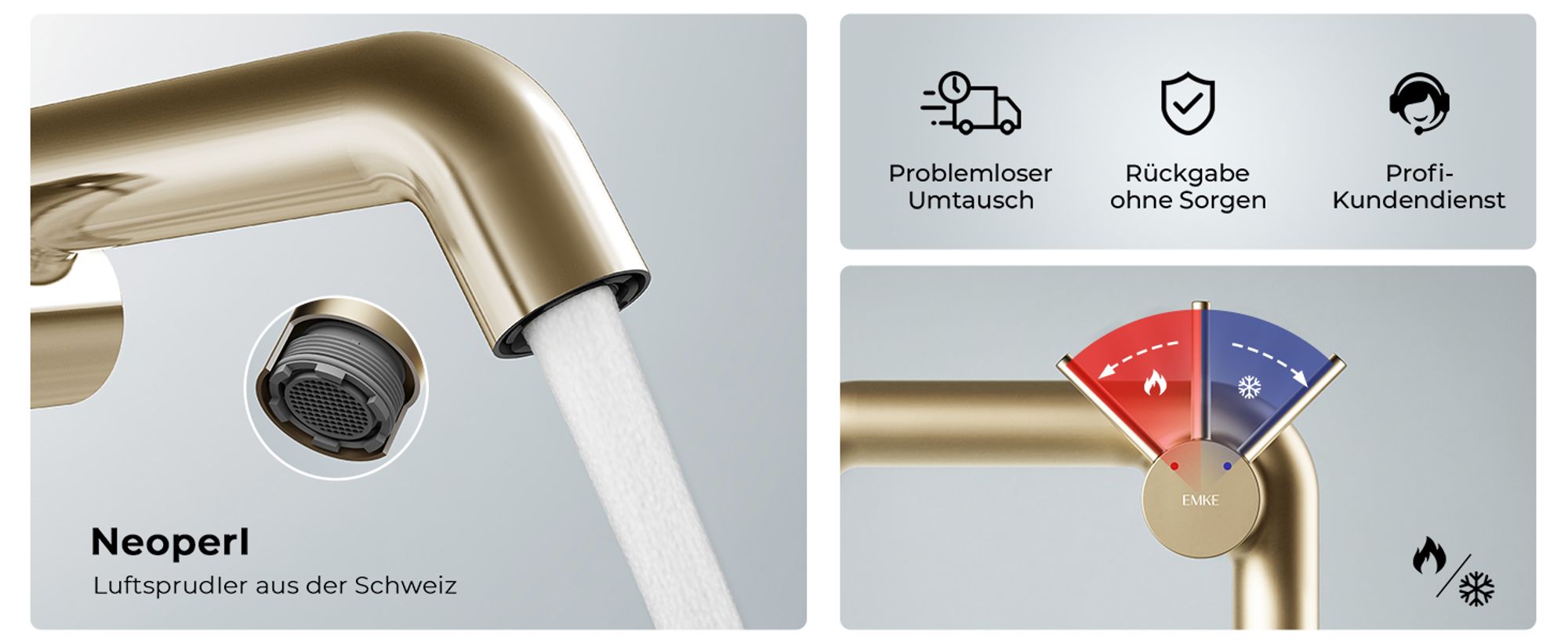 EMKE Einhebel-Waschtischarmatur, Badarmaturen 222x200x76mm  G3/9", Wassersparend, Korrosionsschutz, Bleifreies Messing, Champagnergold