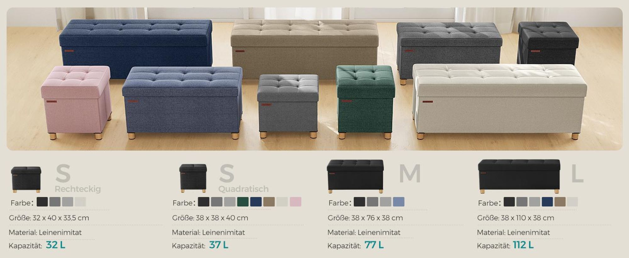 SONGMICS Sitzhocker, 37L, klappbare Sitztruhe, Aufbewahrungsbox, Schwarz