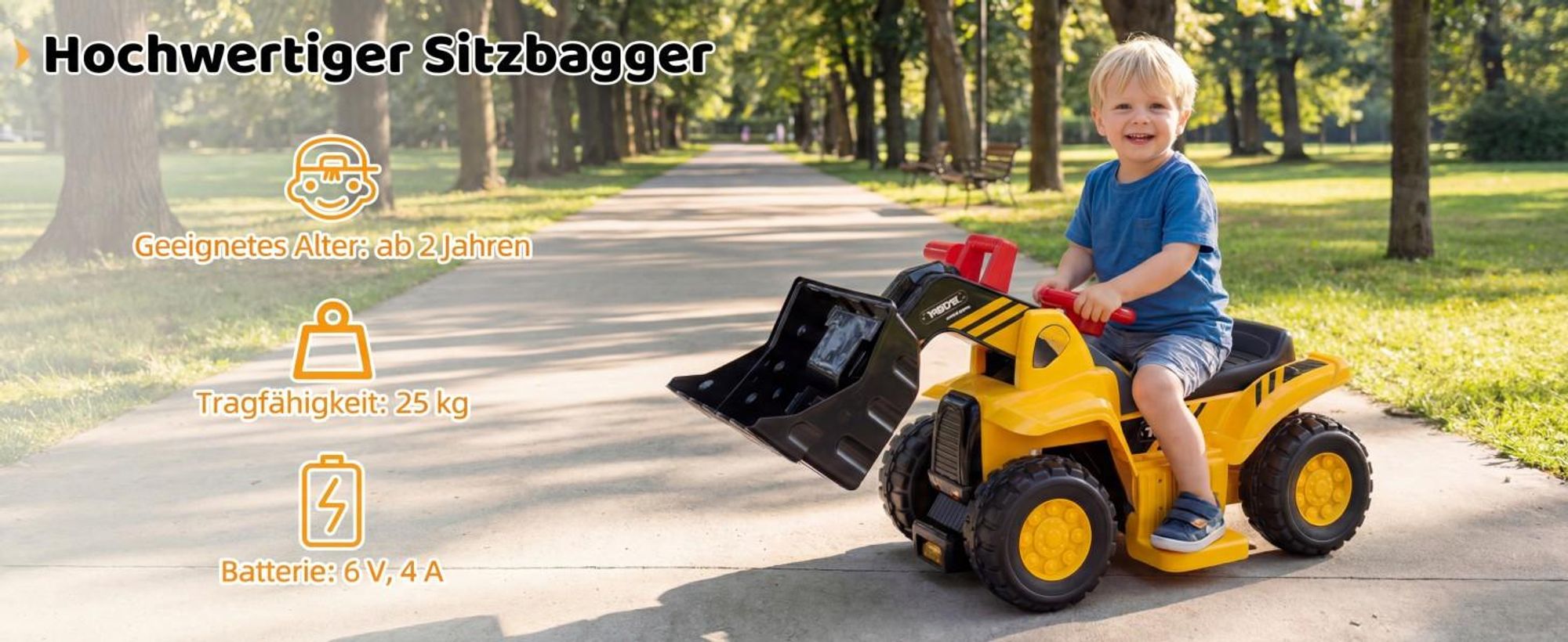 COSTWAY 6V Sitzbagger, Kinderauto Elektro mit verstecktem Stauraum & Basketballkorb & Sound & Hupe & 3 Bällen, Bagger zum draufsitzen, Sandbagger Aufsitzbagger, Elektroauto für Kinder ab 2 Jahren
