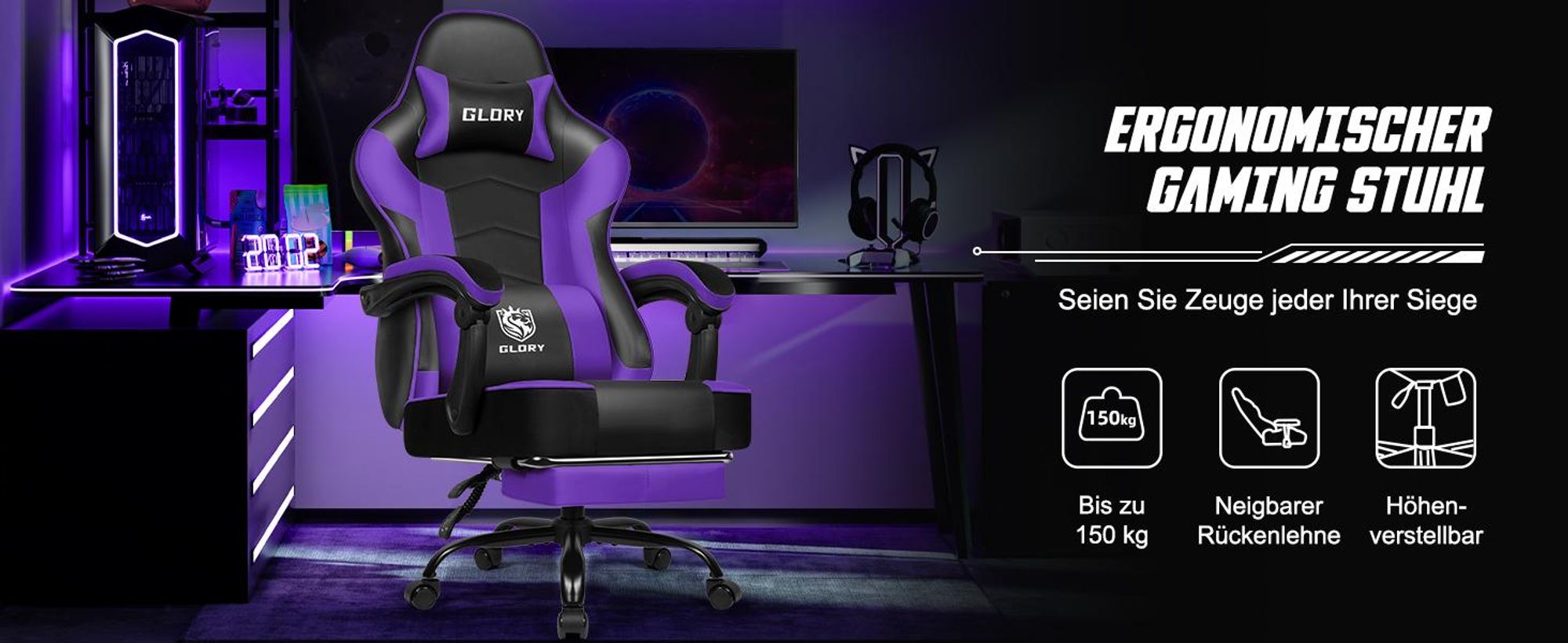 Adormii Gaming Stuhl Bürostuhl Schreibtischstuhl Ergonomischer Gaming Sessel mit Fußstütze und Lordosenstütze, Wippfunktion90°-170°, Lila