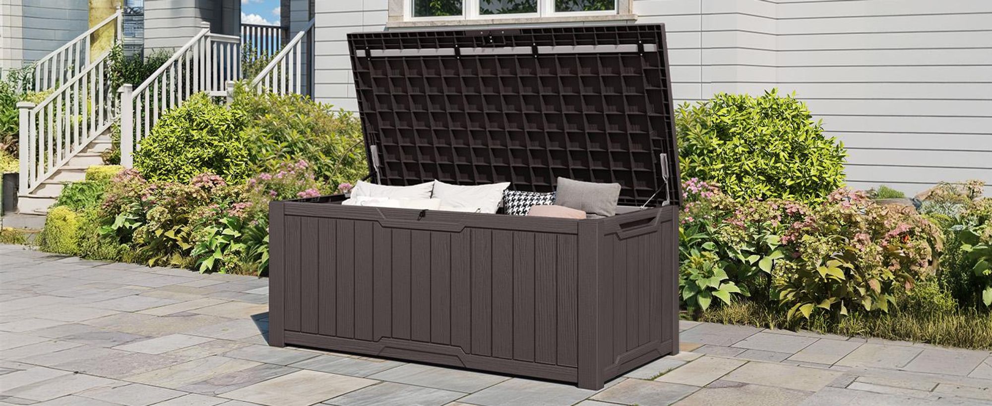 Gartenbox Außenspeicherbox, 450 L Aufbewahrungsbox mit Gasdruckfeder Deckel, Kissenbox Sitzbank Wetterfest, Dunkelbraun