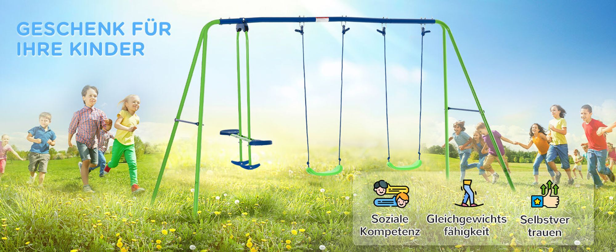 Outsunny Schaukelgestell, Outdoor-Schaukelgerüst mit 2 Schaukeln, 1 Wippe, Grün