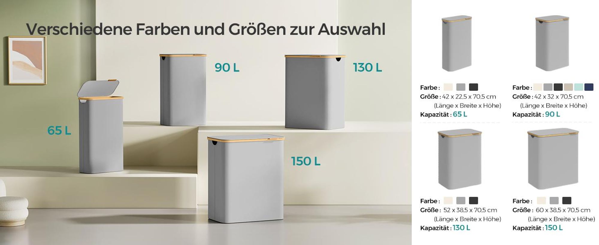 SONGMICS Wäschekorb mit Deckel, 65 L, herausnehmbarer Wäschesack,Griffe aus Bambus