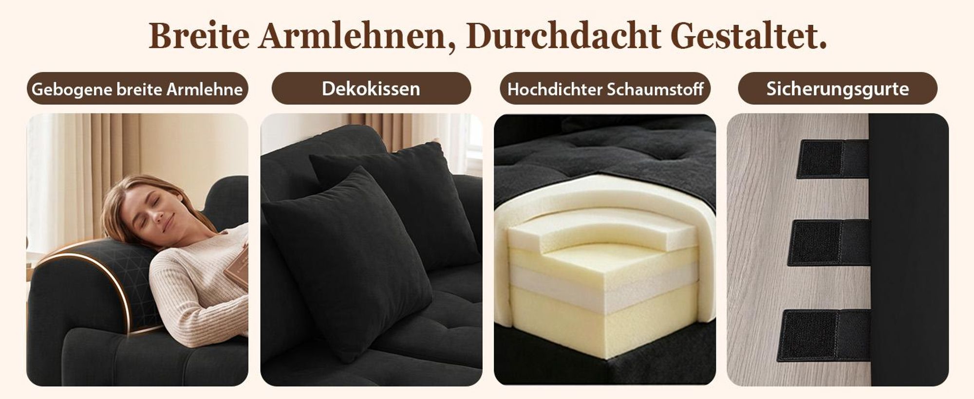 COMHOMA Sofa 2 Sitzer, 180 x 86 x 40 cm Bodensofa, Couch mit Rückenlehne, Kissen und Armlehne, Modernes Stoffsofa für Wohnzimmer, Wohnung, Büro schwar