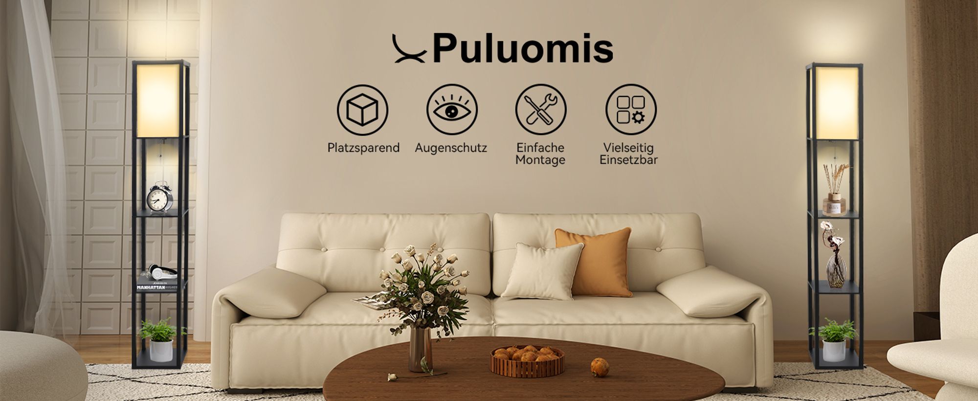 Puluomis 3 Ebene Stehlampe Stehleuchte Standleuchte standlampe Bodenlampe, E27 Innenbeleuchtung für Schlafzimmer Wohnzimmer Holz Regal Schwarz 160cm