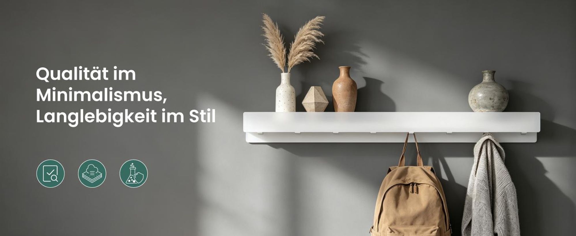 Mai & Mai Wandgarderobe mit Ablage und 4 Haken, Garderobenleiste mit versteckten Kleiderhaken, Kleiderstange Wandmontage 40cm, Sandweiß Stalo-11