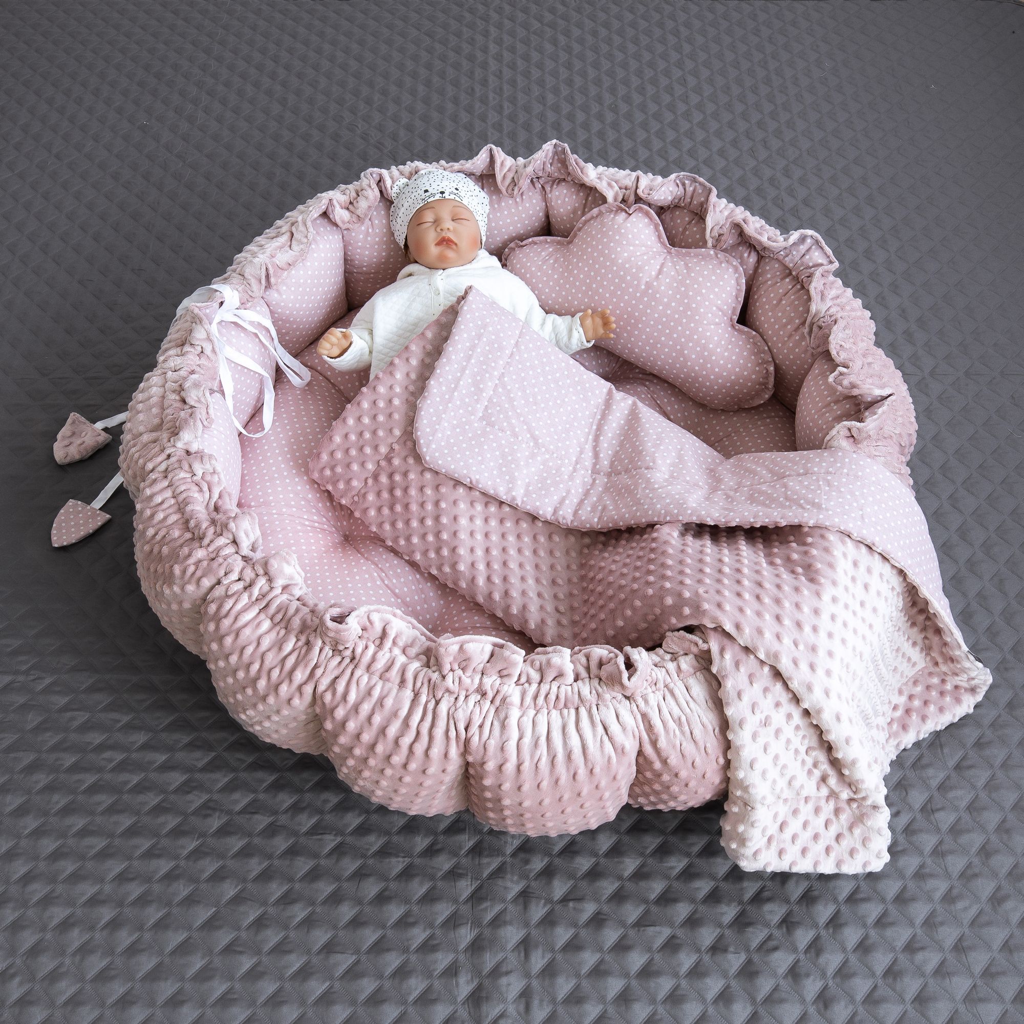 Zweiseitig Babynest ENGELSNEST XXL PUNKTE Rosa/ MINKY Altrosa Baumwolle + Wolke Kissen + BABYDECKE (Reisebett Nestchen Ausstattung SET)